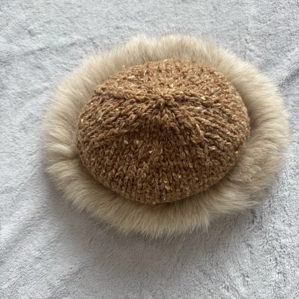 Vintage Lillie Rubin Knit Hat with‎ Fox Fur – Chunky Tweed Wool Crown Size S/M